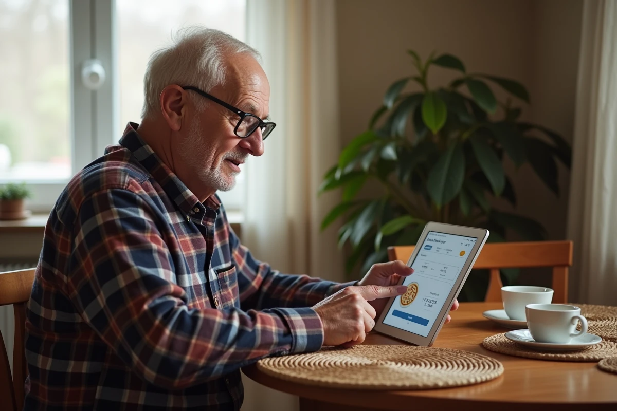Homme senior hésitant sur la taille d'une pizza lors d'une commande en ligne sur tablette