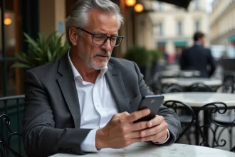 Homme élégant de plus de 50 ans consultant un site de rencontre senior haut de gamme sur son téléphone en terrasse de café parisien