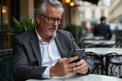Homme élégant de plus de 50 ans consultant un site de rencontre senior haut de gamme sur son téléphone en terrasse de café parisien