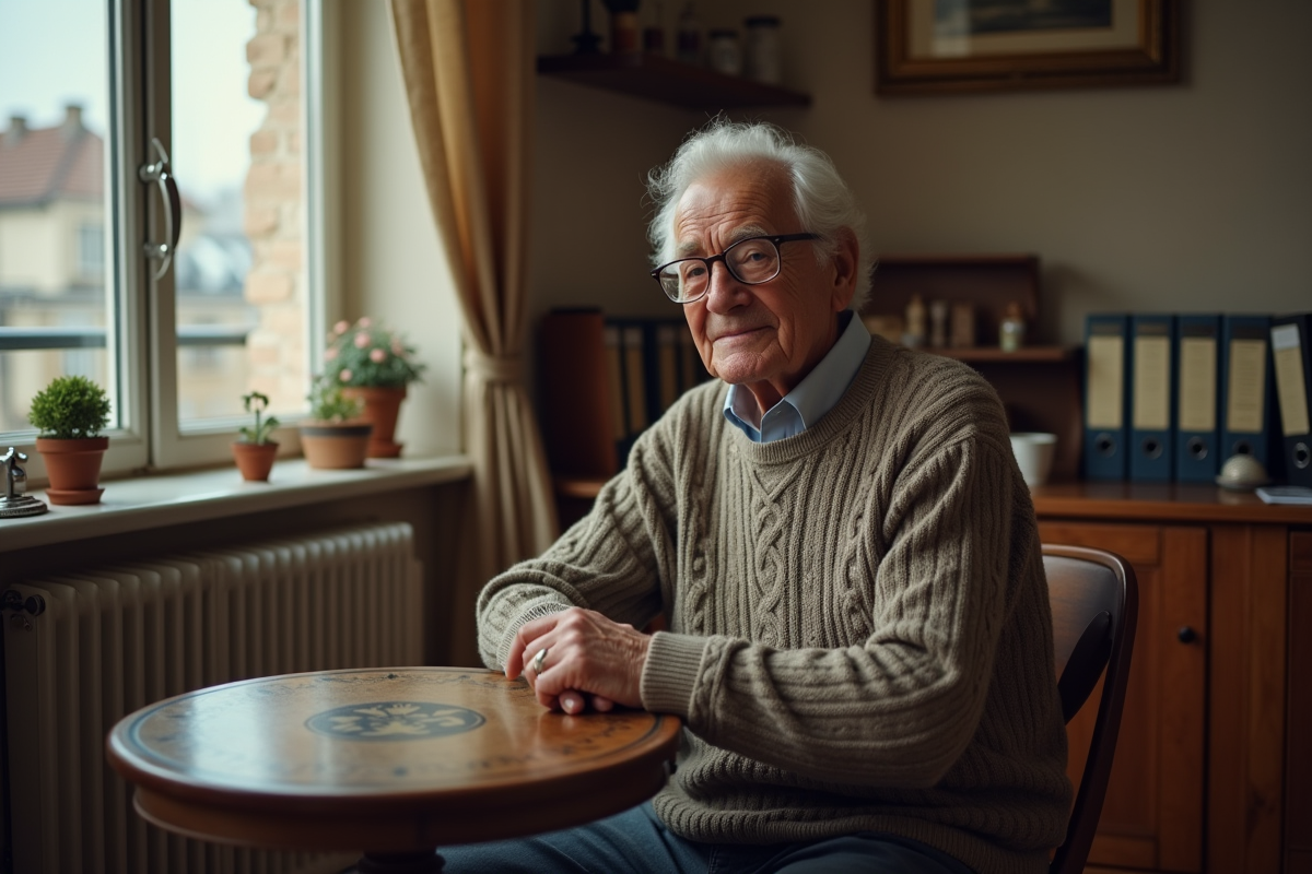 Homme âgé assis dans un salon cosy et lumineux