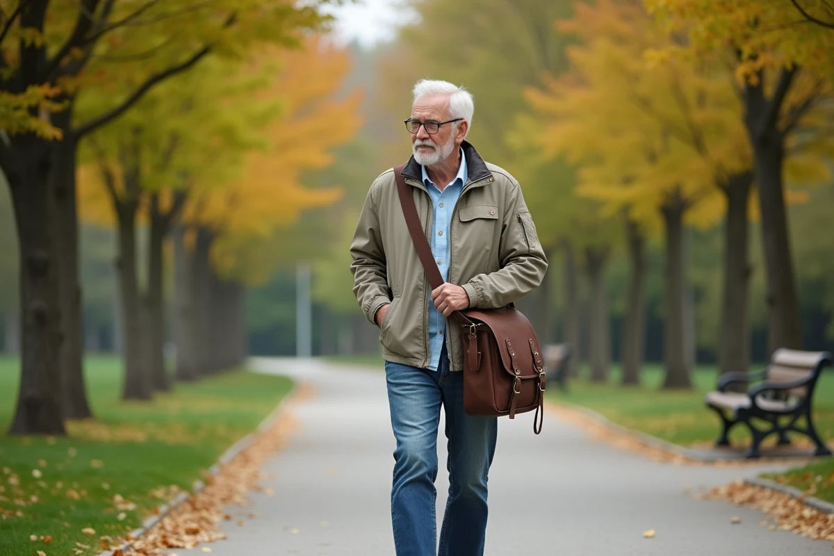 Homme senior marche dans un parc en plein air