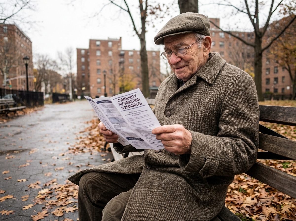 Homme senior lisant un dépliant dans un parc en automne
