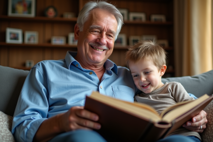 Homme de 70 ans souriant avec famille dans un salon
