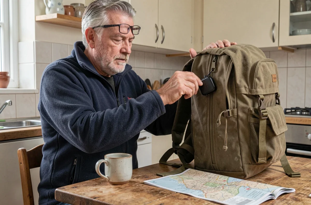 Un homme senior attache un traceur GPS à son sac à dos sur une table de cuisine avant une randonnée