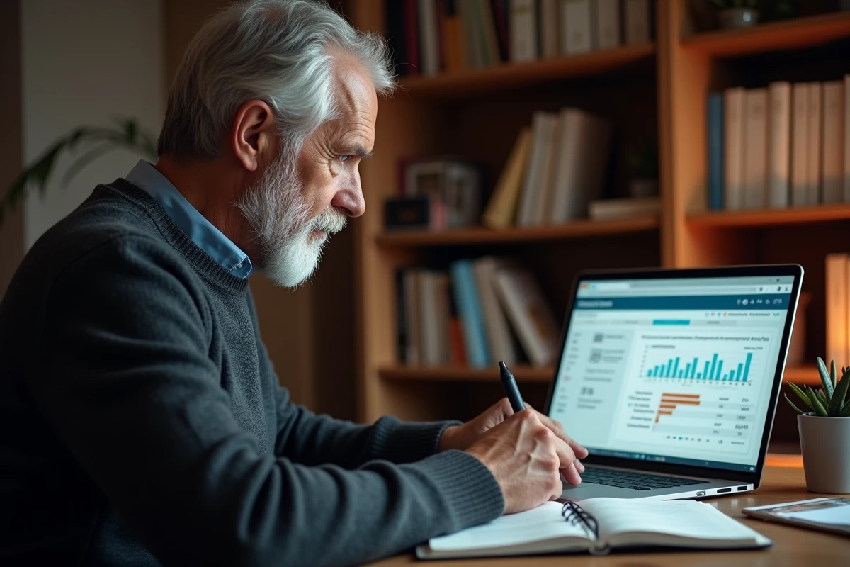 Homme d'âge mûr utilisant un simulateur en ligne pour calculer sa revalorisation de retraite complémentaire Agirc-Arrco 2026