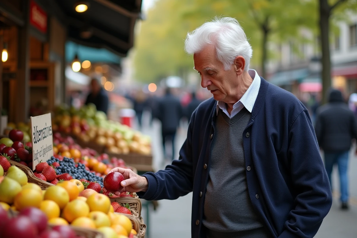 Homme âgé choisissant un fruit au marché en plein air