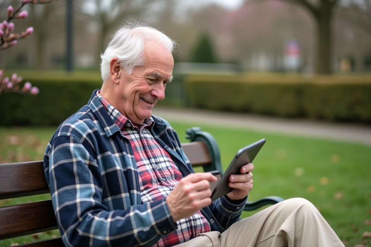 Homme âgé jouant sur une tablette dans un parc au printemps