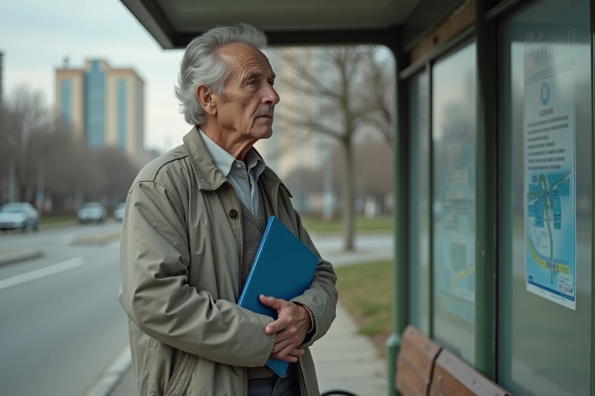 Homme &acirc;g&eacute; attend &agrave; un arr&ecirc;t de bus dans un environnement urbain