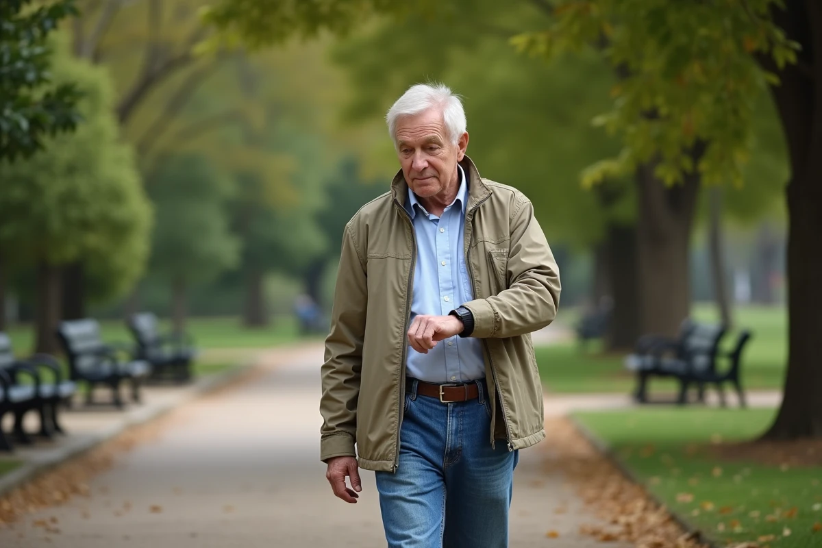 Homme age en promenade dans un parc ombrage