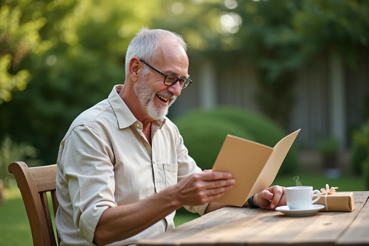 Homme retraité joyeux lisant une carte humoristique dans son jardin, illustrant l'humour adapté aux nouveaux retraités
