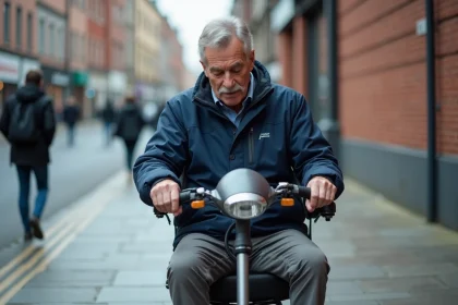 Homme en situation de handicap inspectant les commandes d'un scooter électrique PMR d'occasion sur un trottoir urbain
