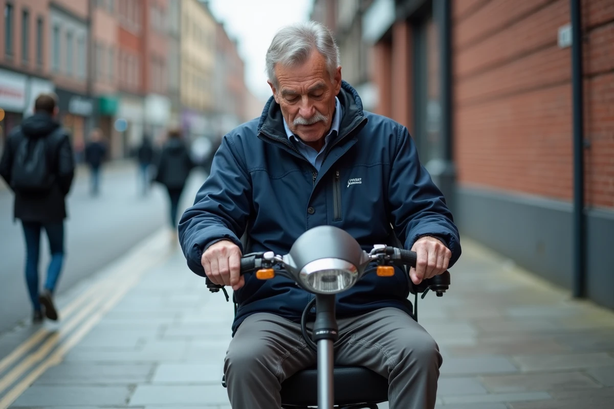 Homme en situation de handicap inspectant les commandes d'un scooter électrique PMR d'occasion sur un trottoir urbain