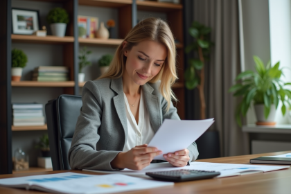 Femme investisseuse immobilière dans son bureau moderne