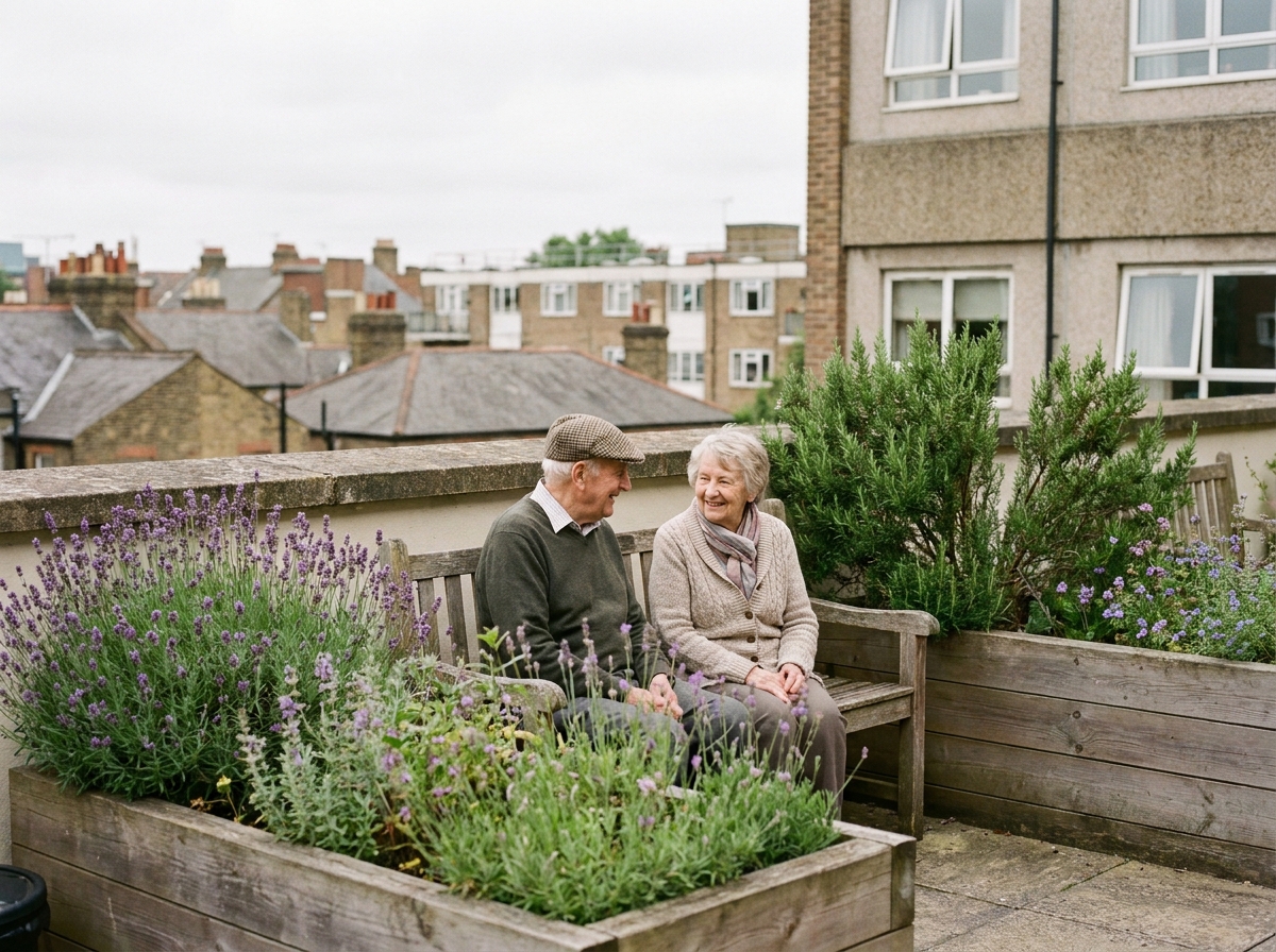 Jardin thérapeutique sur terrasse d'EHPAD urbain avec résidents assis parmi des plantes aromatiques