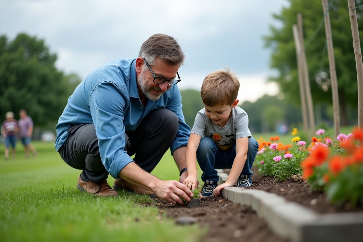 Adulte et enfant plantant des fleurs dans un jardin communautaire