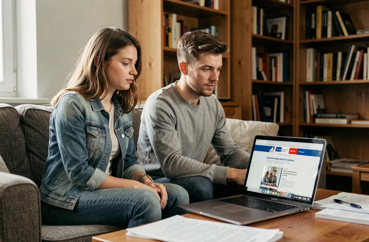 Jeune couple consultant le site de la CAF sur un ordinateur portable pour connaître leurs droits à l'aide ménagère