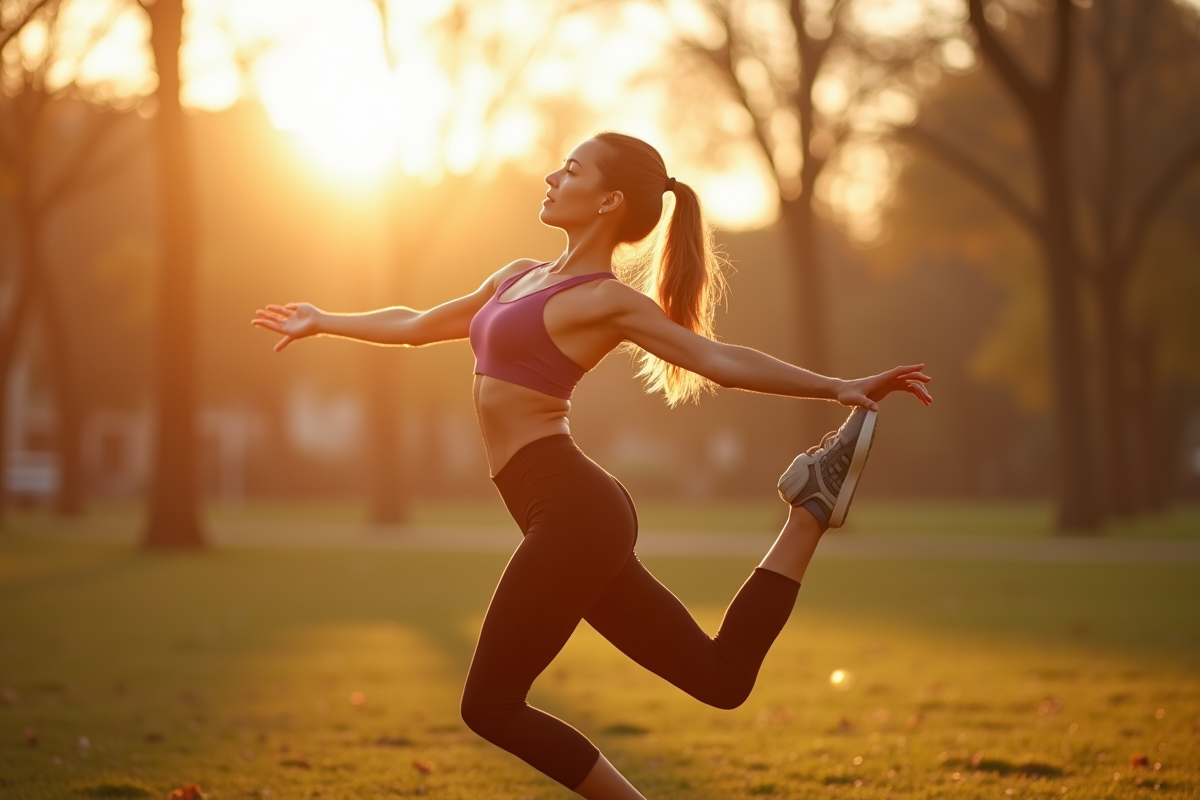 Jeune femme pratiquant la danse en plein air au lever du soleil