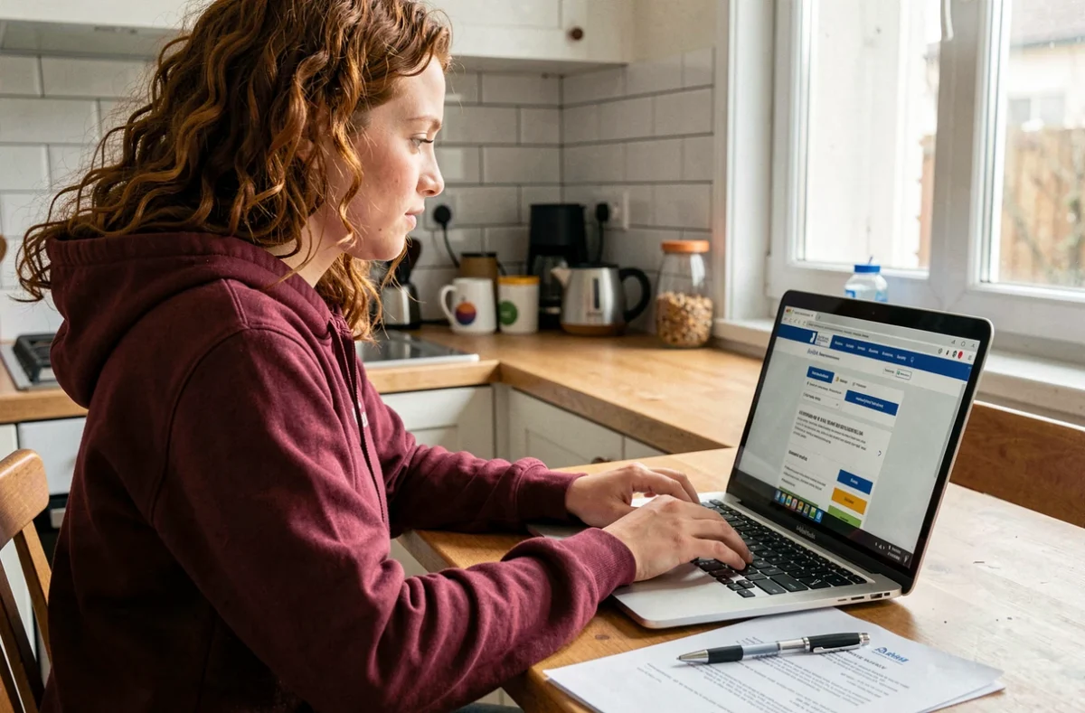 Jeune femme utilisant un ordinateur pour contester en ligne le plafond de l'AAH 2026