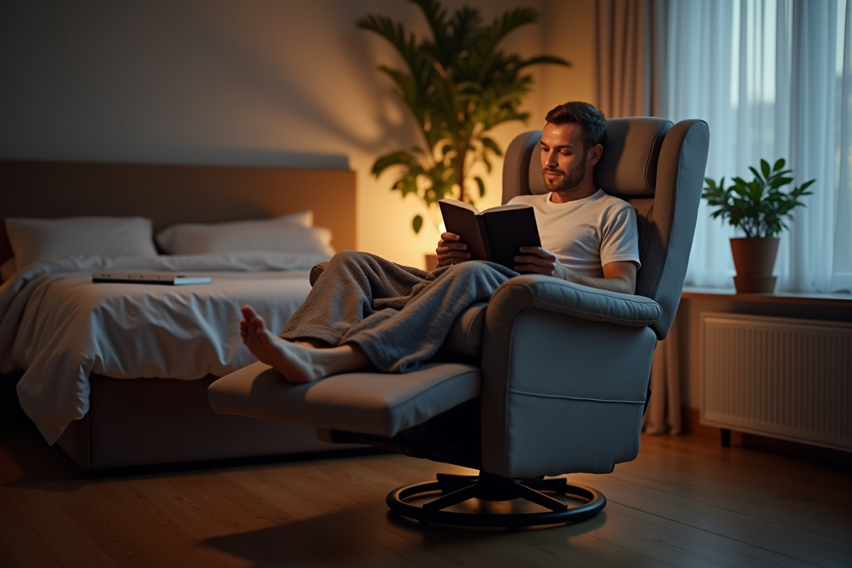 Homme d age moyen lisant confortablement dans un fauteuil relax