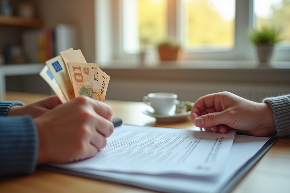 Mains d’un professionnel tenant des billets euros et un contrat de travail