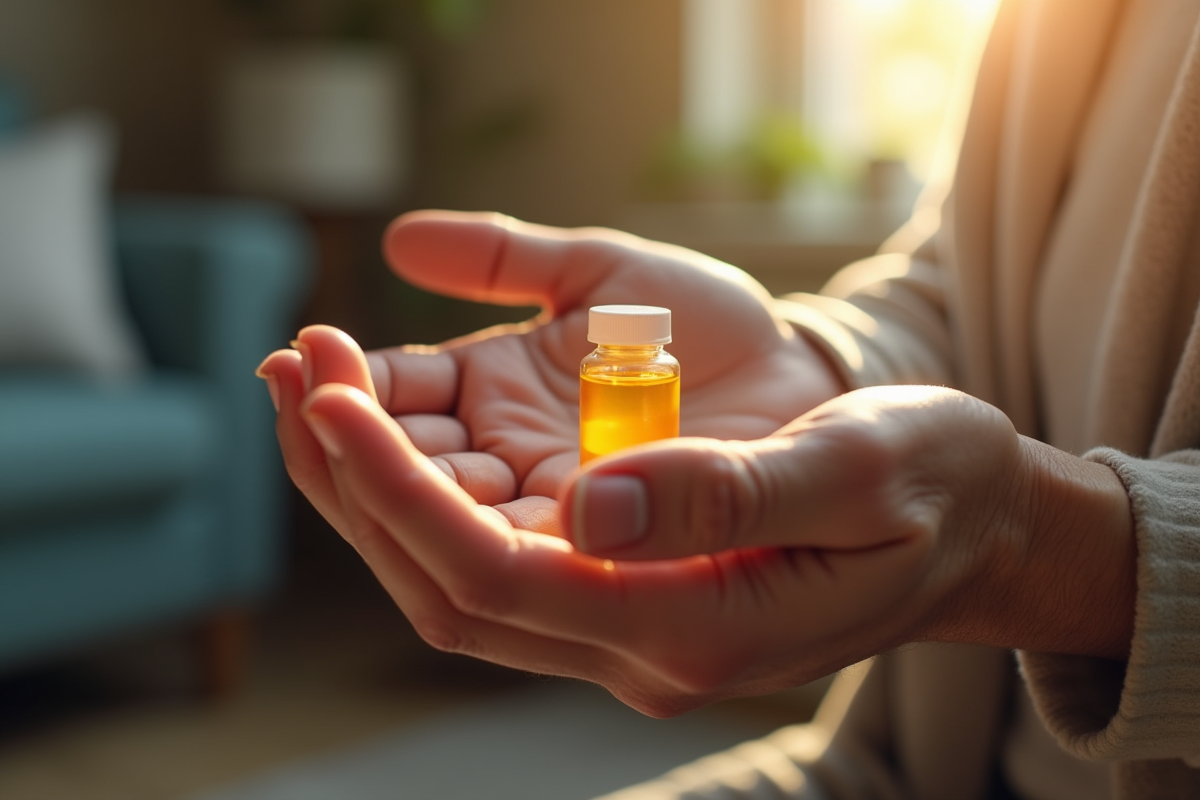 Mains ridées tenant une petite bouteille de médicament