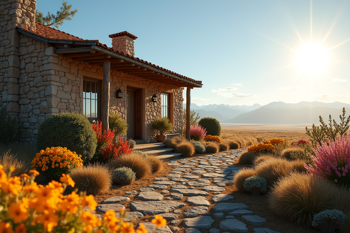 Maison rustique en Patagonie avec jardin fleuri