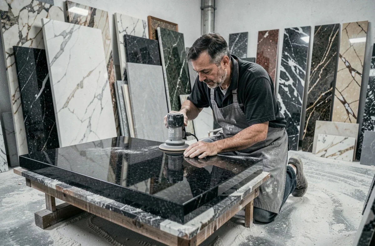 Artisan de la Marbrerie Paul Favre polissant un monument funéraire en granit noir dans son atelier à Lyon