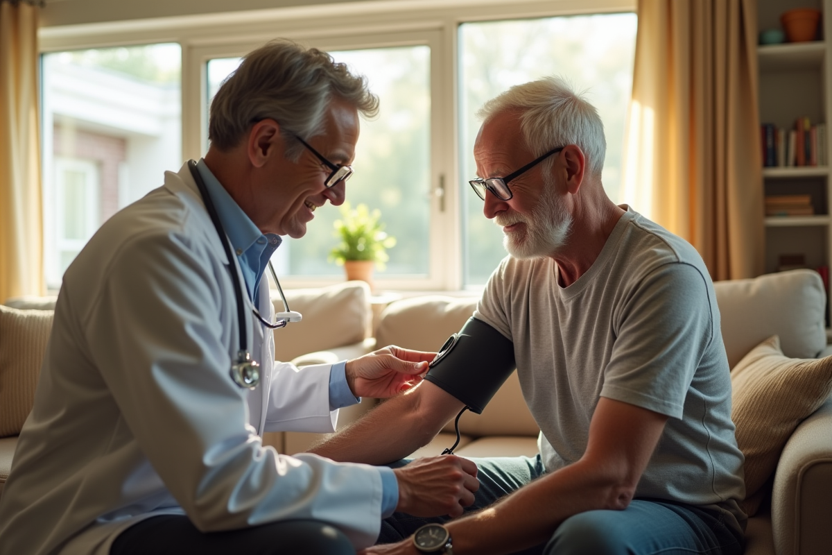 Medecin à domicile montrant comment utiliser un tensiomètre à un homme âgé