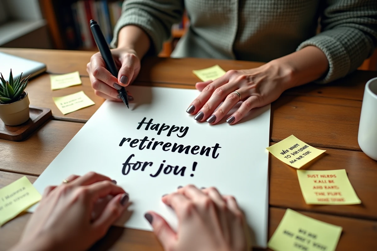 Mains écrivant un message humoristique sur une carte de départ à la retraite entourée de citations amusantes sur un bureau en bois