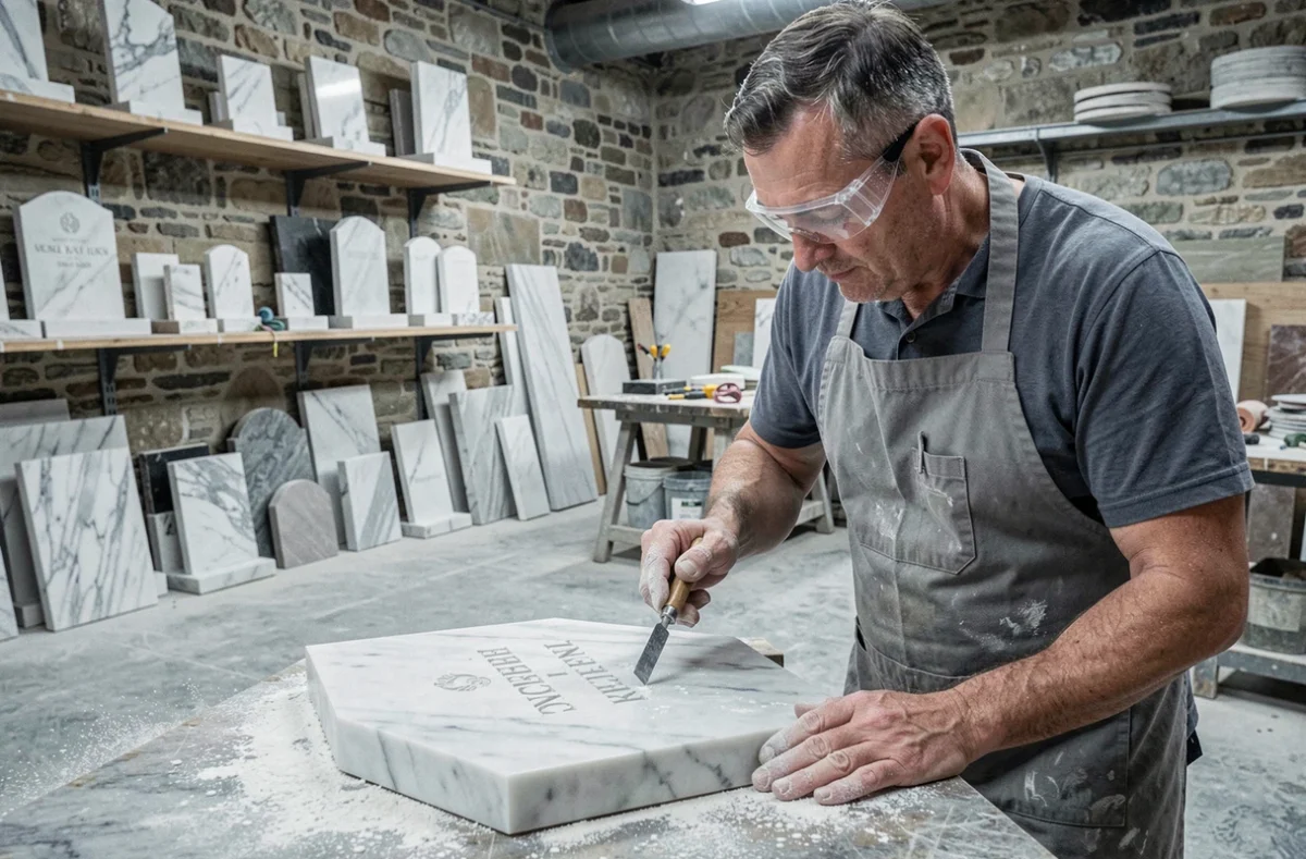 Artisan marbrier gravant une stèle en marbre gris dans l'atelier de Millet Marbre à Champagne-au-Mont-d'Or