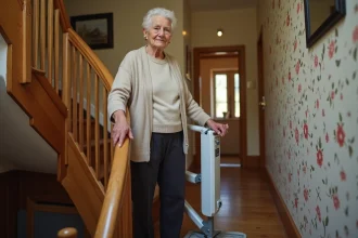 Femme âgée debout sur un monte-escalier compact dans un escalier étroit et tournant d'une maison ancienne