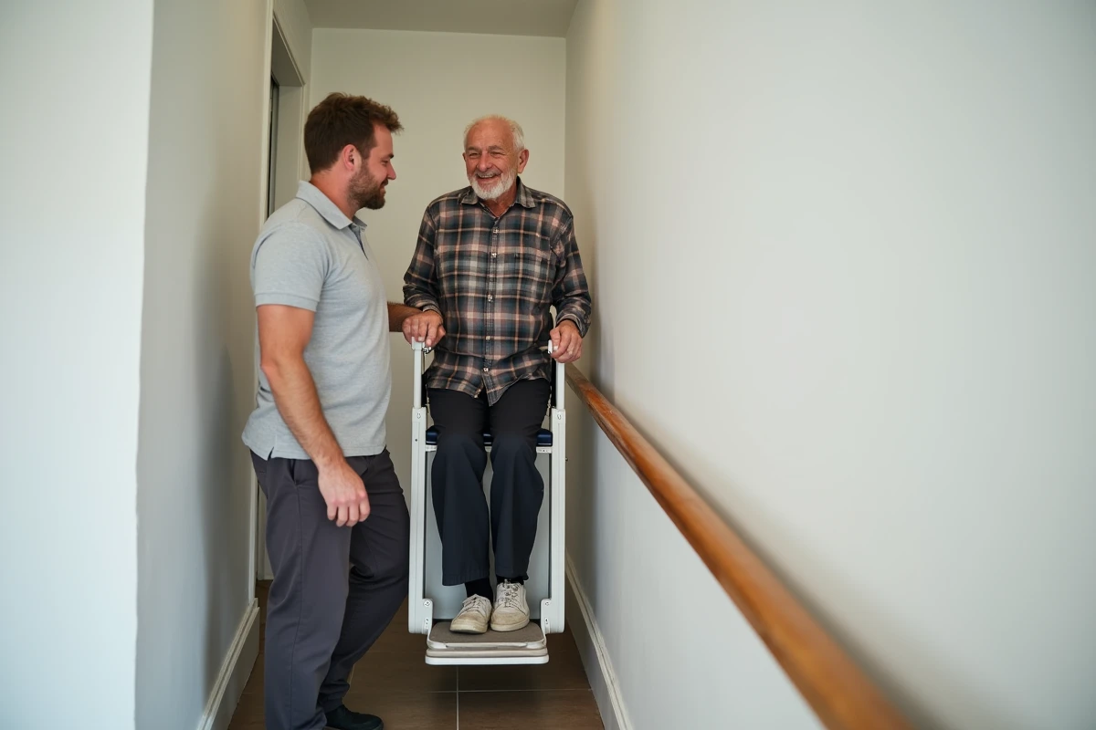 Aide-soignant assistant une personne âgée utilisant un monte-escalier portable sans installation sur un escalier intérieur