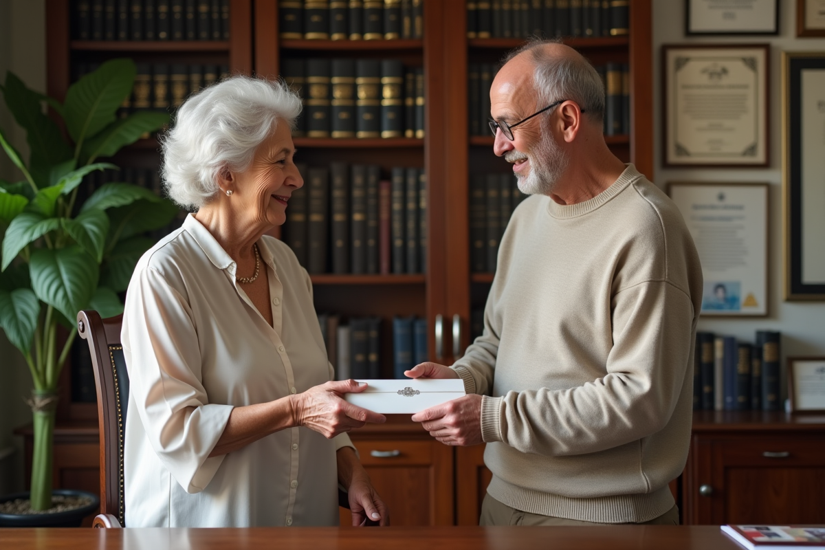Femme et son fils échangeant une enveloppe dans un bureau