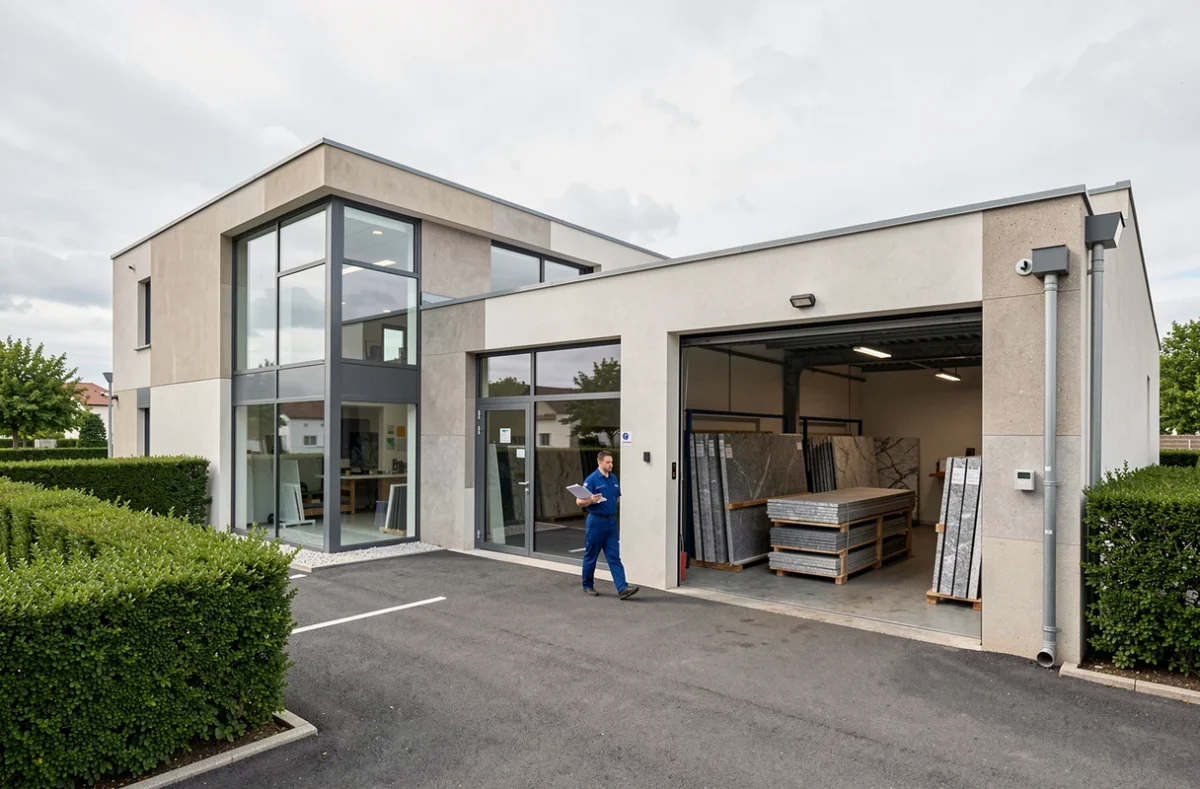 Complexe funéraire moderne avec marbrerie intégrée en Auvergne-Rhône-Alpes montrant les locaux et les dalles en granit poli