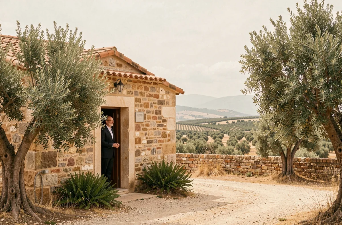 Directeur funéraire devant une maison funéraire en pierre traditionnelle dans le paysage rural du sud de la Drôme