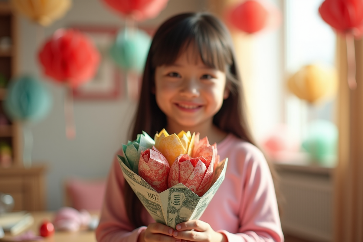Jeune fille tenant un bouquet en origami d