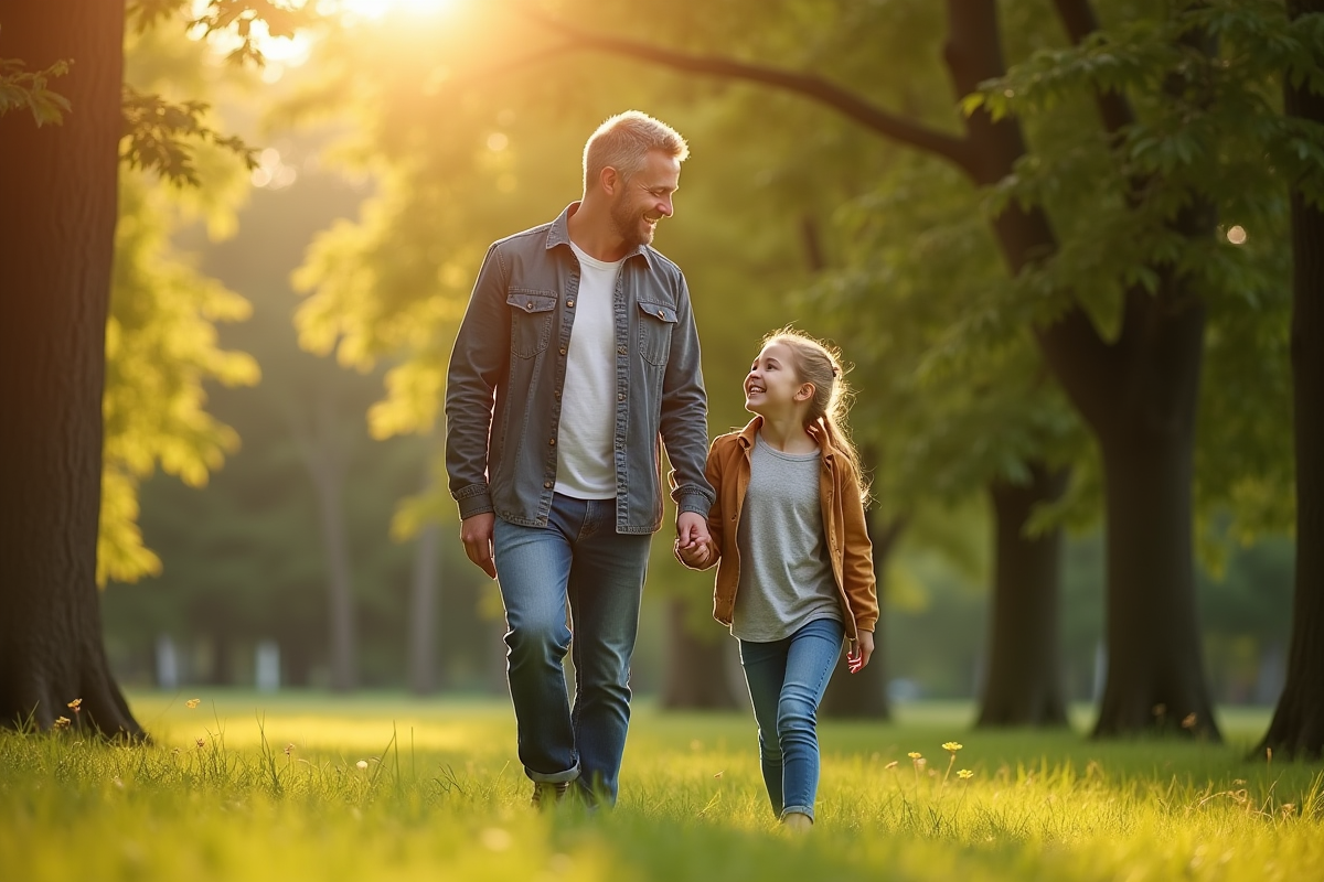 Père et fille adolescente se promènent dans un parc verdoyant
