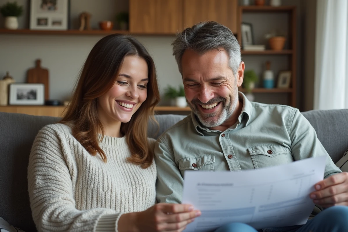 Père et fille souriants examinant des documents à la maison