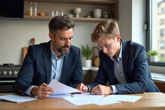Père et fils en réunion dans la cuisine moderne