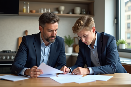 P&egrave;re et fils en r&eacute;union dans la cuisine moderne