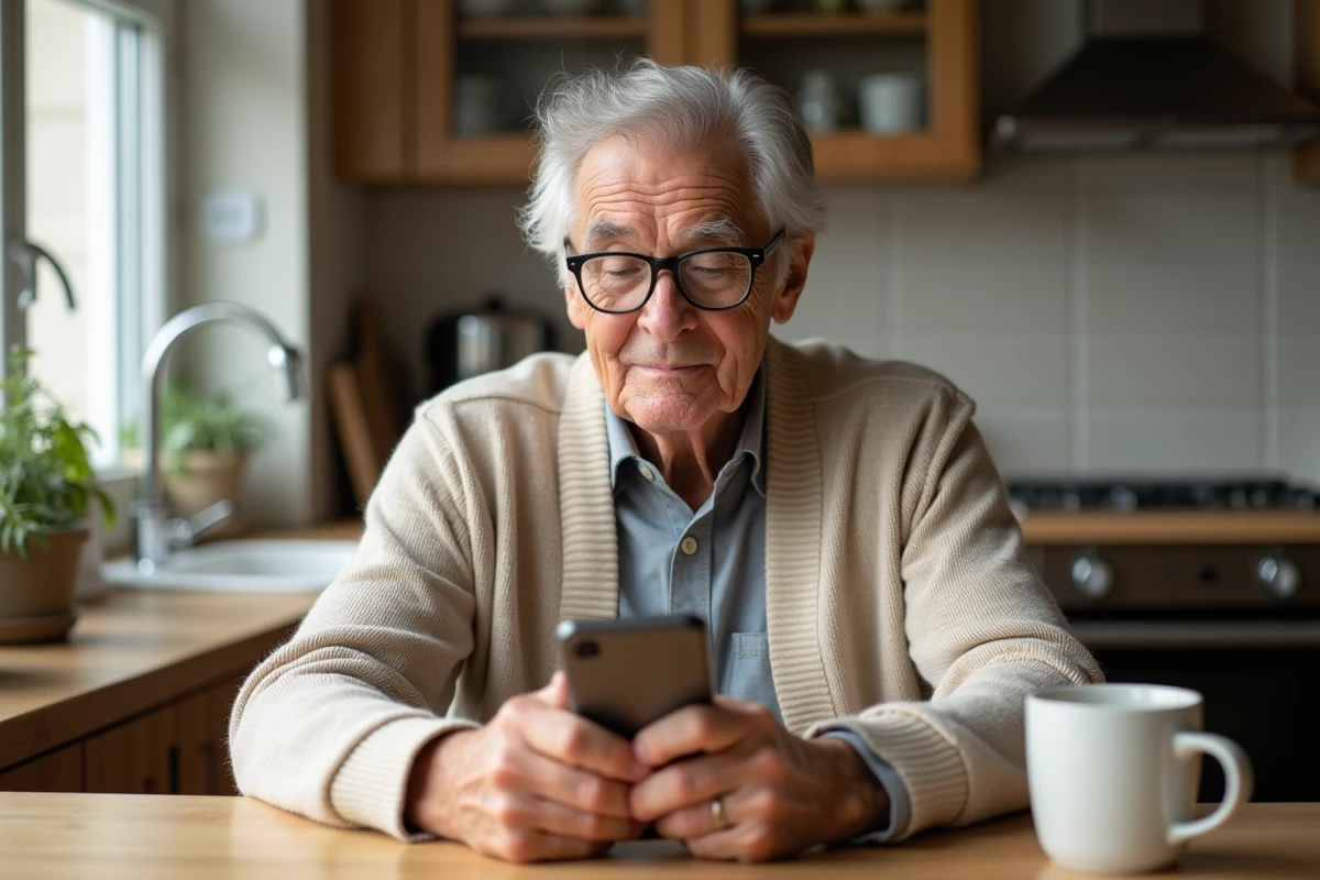 Personne âgée utilisant une application mobile de suivi de tutelle à domicile