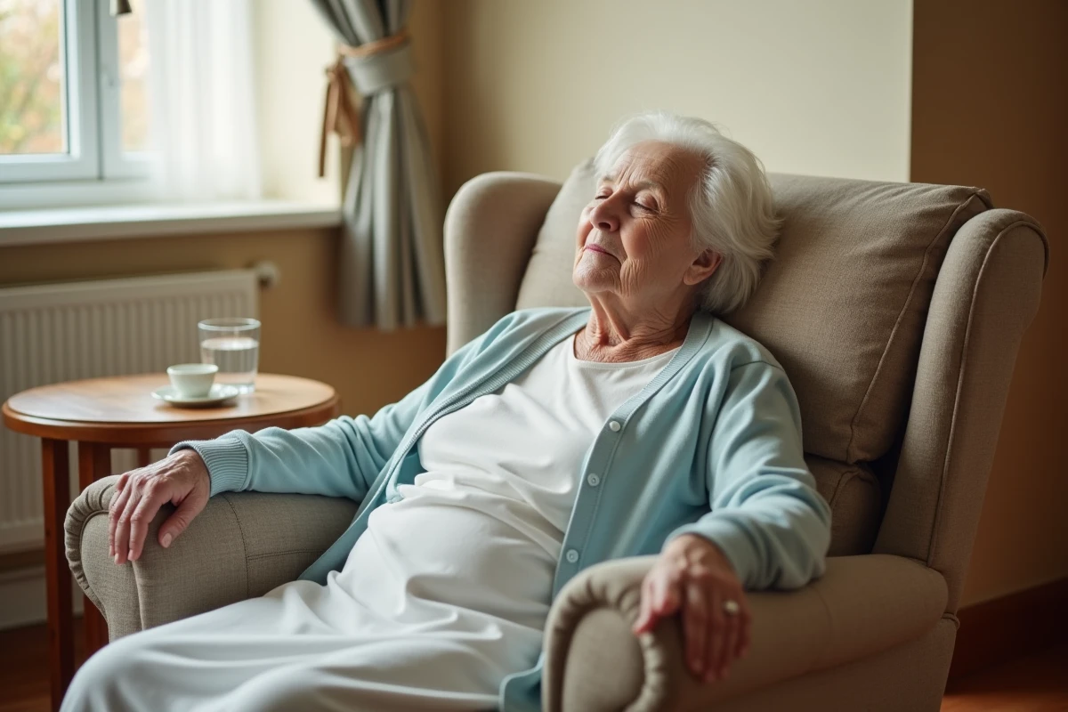 Femme âgée qui dort dans un fauteuil en maison de retraite, vêtue d'un gilet bleu pâle, dans une chambre calme et ordonnée