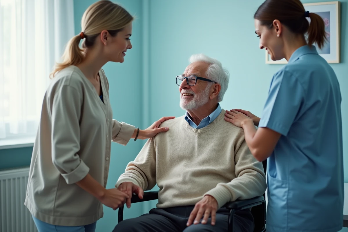 Un homme âgé en fauteuil roulant accompagné d'une proche aidante lors d'une consultation médicale liée à la curatelle