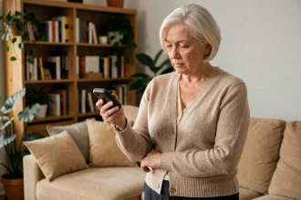 Une femme âgée tient un traceur GPS compact dans sa main et l'examine attentivement dans son salon