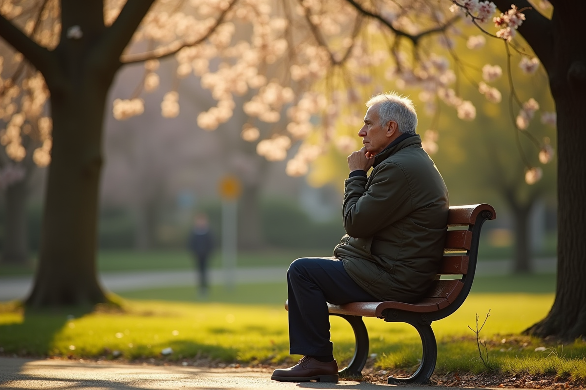 Personne méditative assise sur un banc dans un parc au printemps