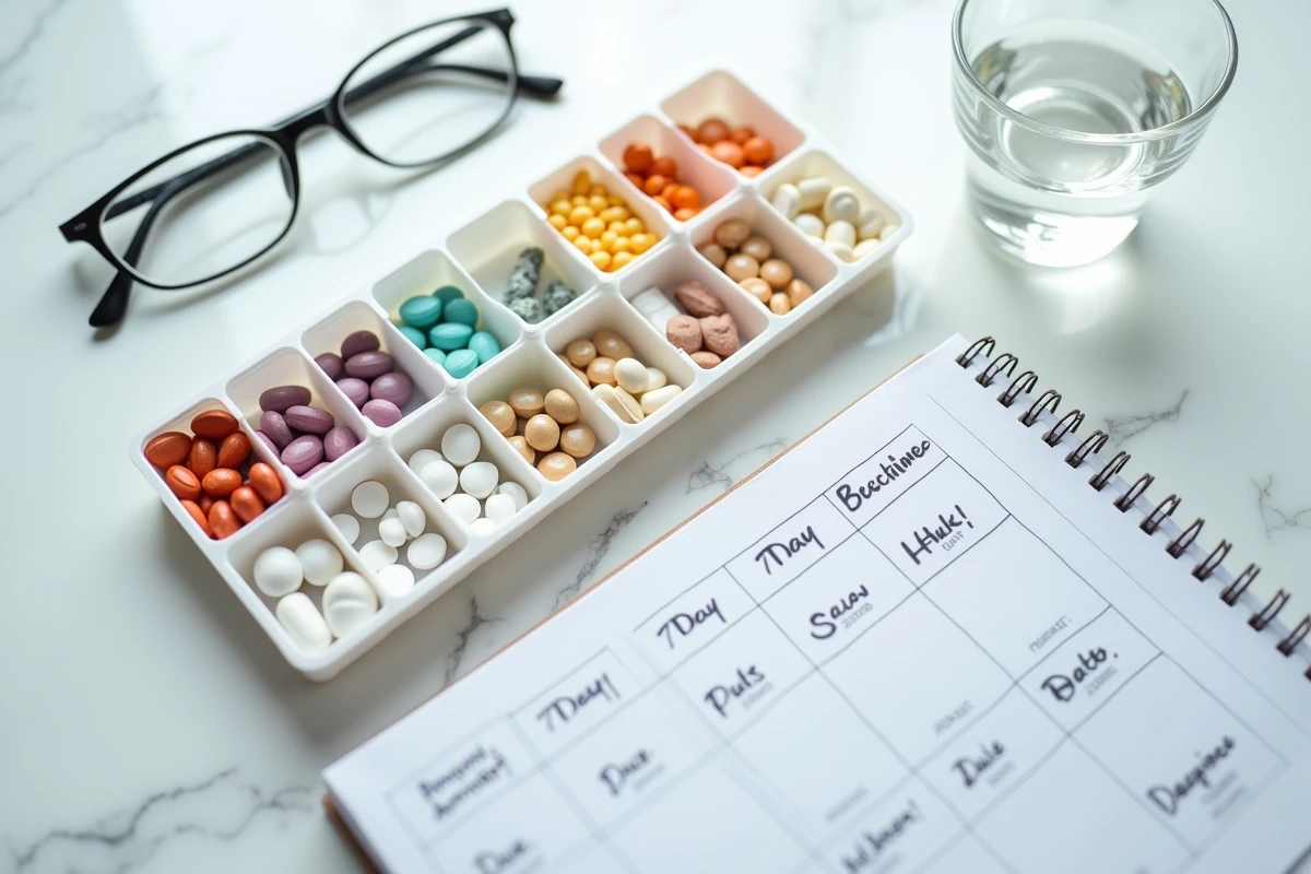 Pilulier hebdomadaire organisé avec médicaments variés et planning manuscrit sur marbre blanc, gestion quotidienne de la polymédication chez les seniors