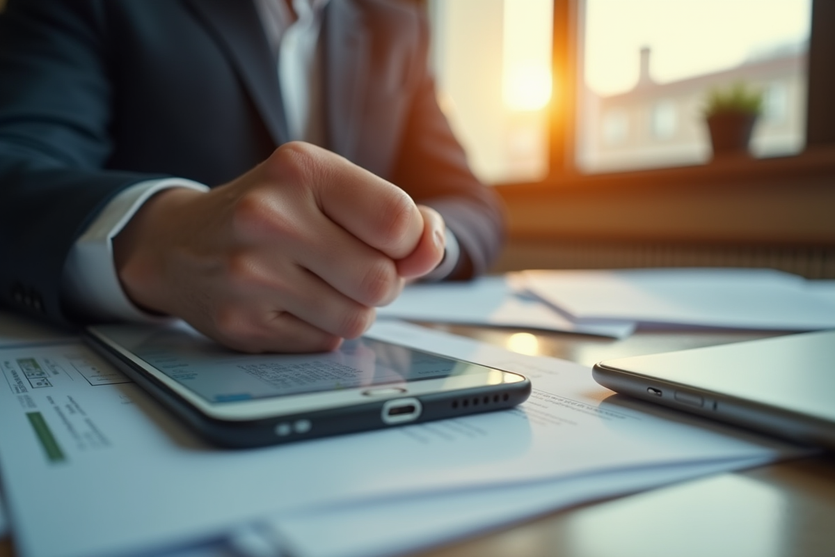 Poing serré sur un bureau avec documents et smartphone en tension au travail