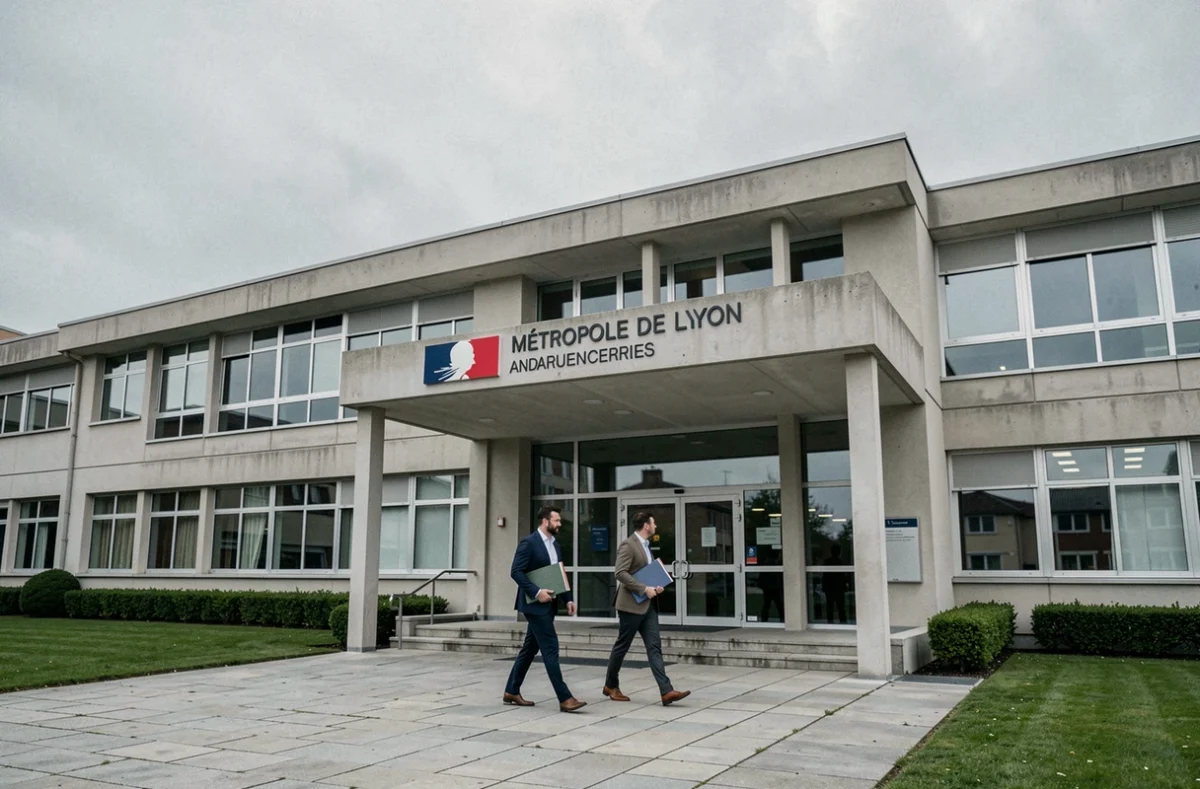 Bâtiment administratif du Pôle Funéraire Public de la Métropole de Lyon avec deux employés traversant le parvis