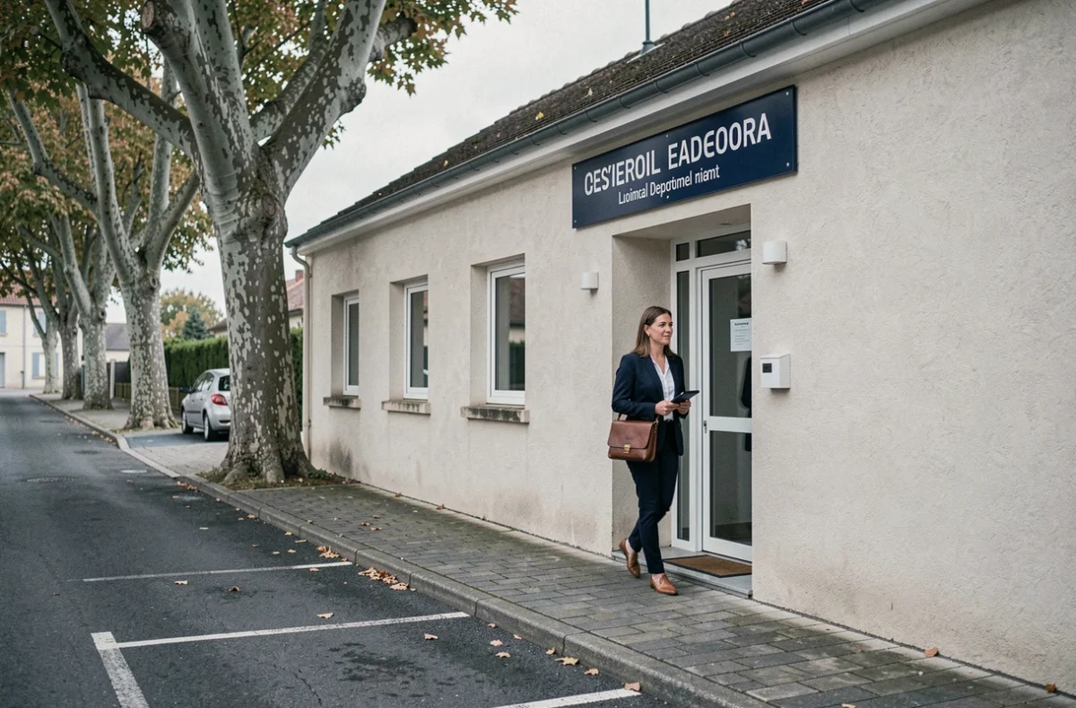 Conseillère funéraire des Pompes Funèbres Charvolin se dirigeant vers l'entrée de l'agence dans la Loire