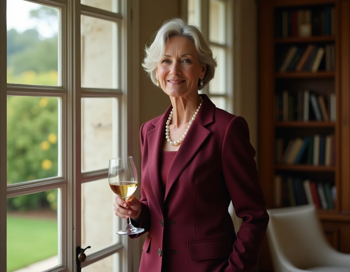 Femme élégante et posée dans la soixantaine près d'une fenêtre donnant sur un jardin à la française, portrait illustrant le profil de la nouvelle compagne de Michel Platini